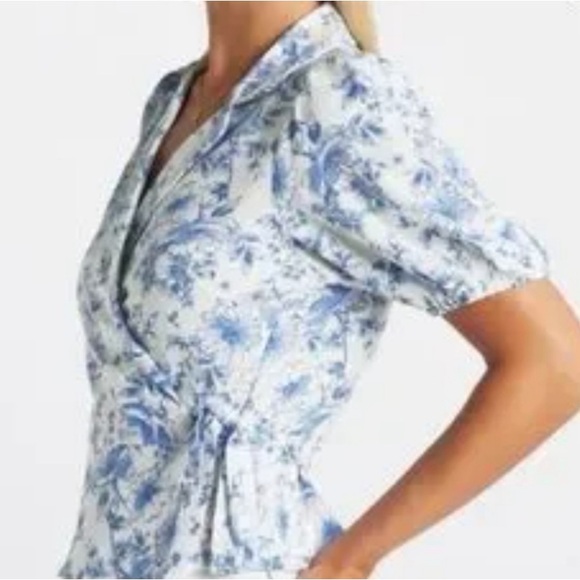 Violets & Roses Stitch Fix Oprah Short Sleeve Wrap Blouse, Blue White Floral, 2X - Picture 2 of 8
